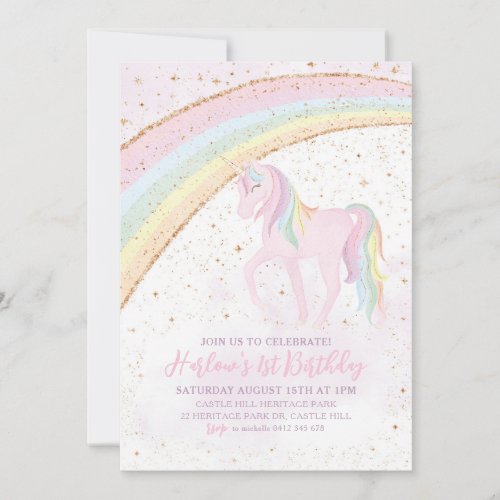 Rainbow Unicorn Birthday Girls Pastel Invitation