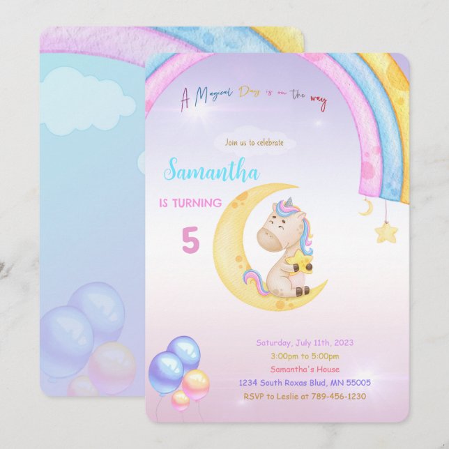 Rainbow Unicorn Birthday Invitation (Front/Back)