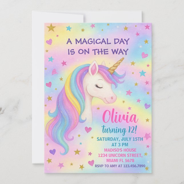 Rainbow Unicorn Birthday Invitation (Front)