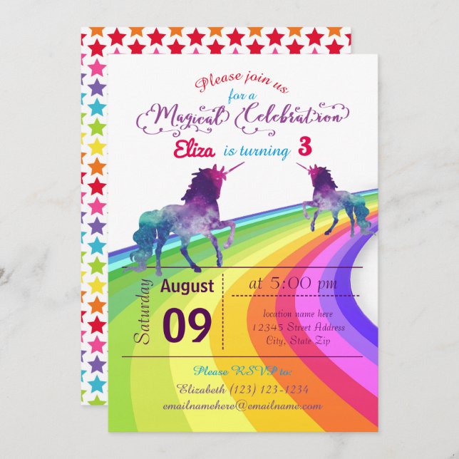 Rainbow Unicorn - Birthday Invitation (Front/Back)