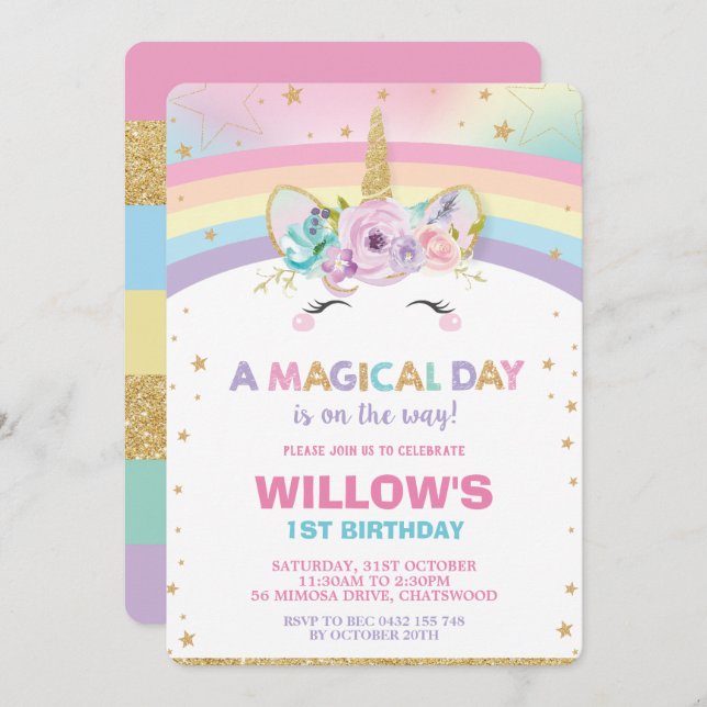 Rainbow Unicorn Birthday Invitation 1st Birthday (Front/Back)
