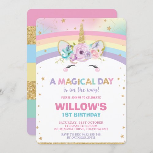 Rainbow Unicorn Birthday Invitation 1st Birthday