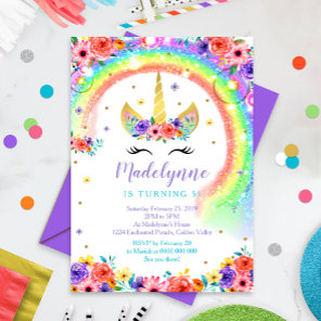 Rainbow Unicorn Birthday Invitation Black Lashes