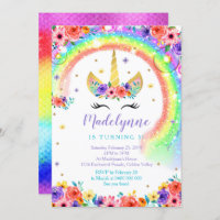 Rainbow Unicorn Birthday Invitation Black Lashes