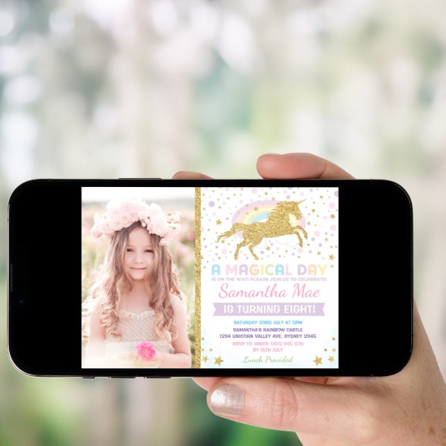 Rainbow Unicorn Birthday Invitation Confetti Stars (Front Digital)