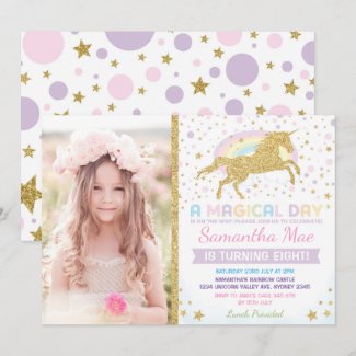 Rainbow Unicorn Birthday Invitation Confetti Stars