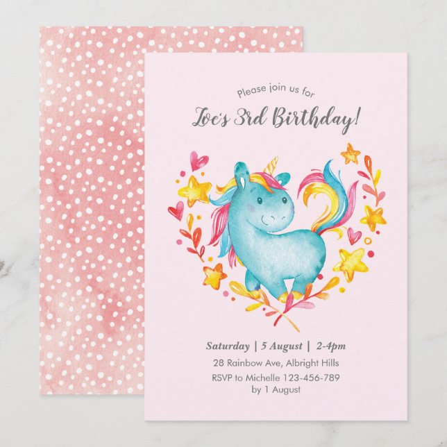 Rainbow Unicorn Birthday Invitation for kids (Front/Back)