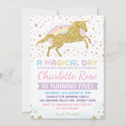 Rainbow Unicorn Birthday Invitation Party Invites
