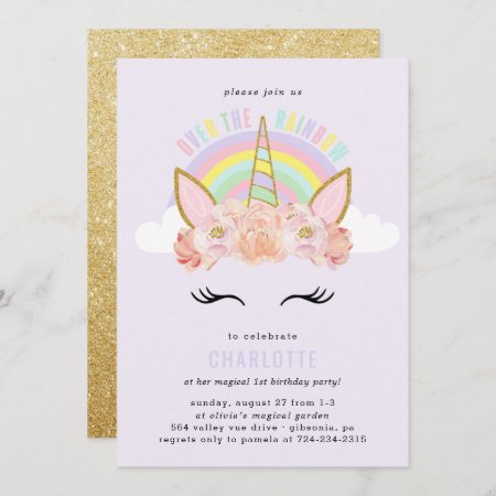 Rainbow Unicorn Birthday Invitation Pink Gold