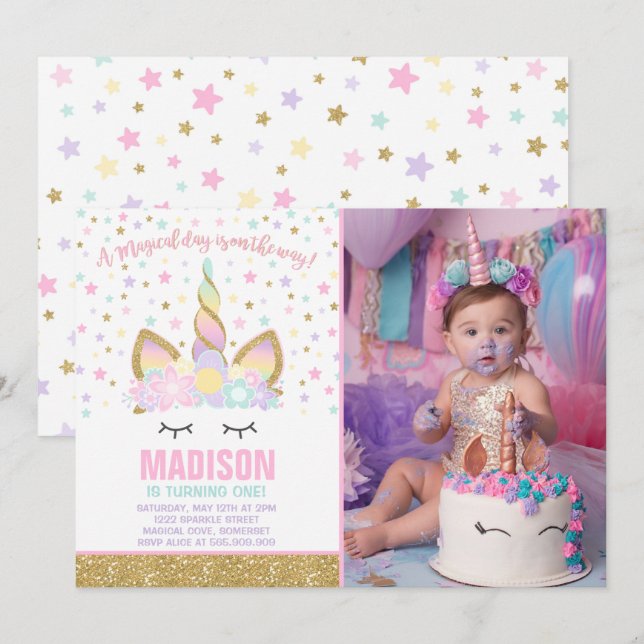 Rainbow Unicorn Birthday Invitation Pink Gold (Front/Back)