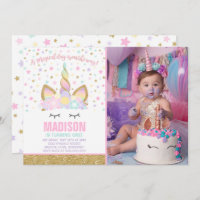 Rainbow Unicorn Birthday Invitation Pink Gold