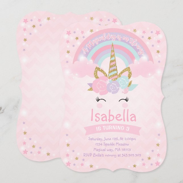 Rainbow Unicorn Birthday Invitation Pink Gold (Front/Back)