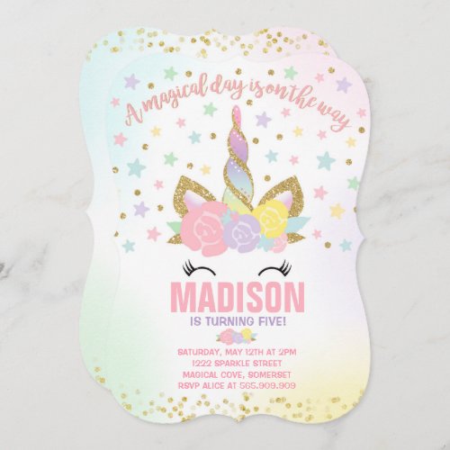 Rainbow Unicorn Birthday Invitation Pink Gold