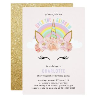 Rainbow Unicorn Birthday Invitation Pink Gold