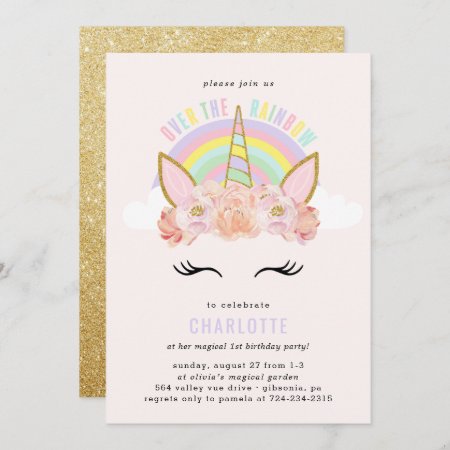 Rainbow Unicorn Birthday Invitation Pink Gold