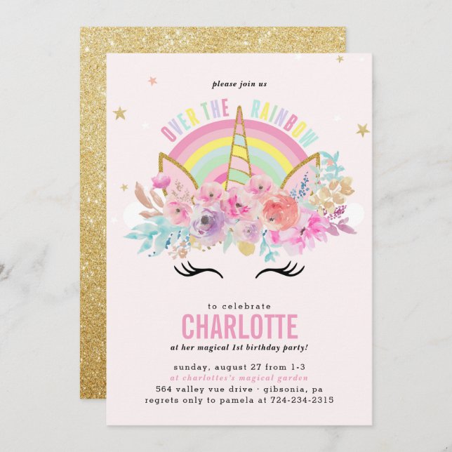 Rainbow Unicorn Birthday Invitation Pink Gold (Front/Back)