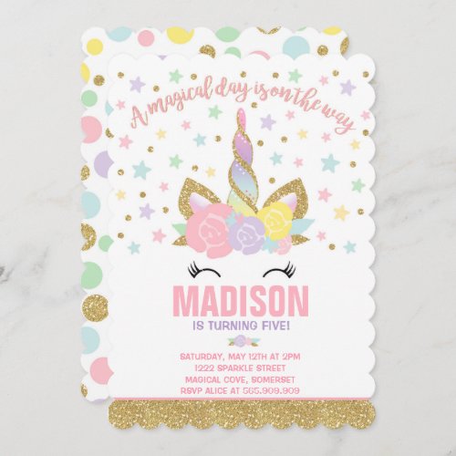 Rainbow Unicorn Birthday Invitation Pink Gold