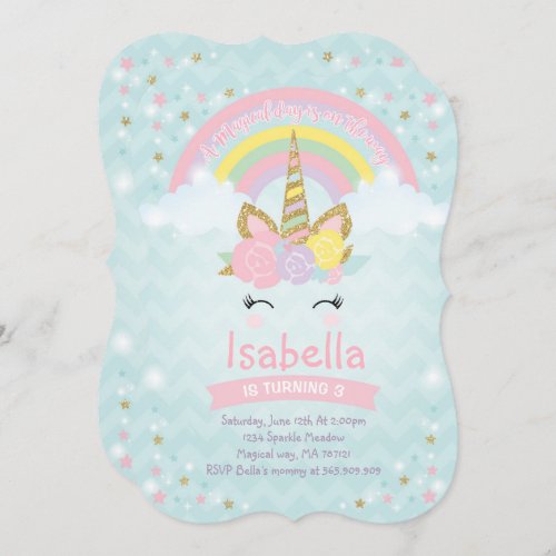 Rainbow Unicorn Birthday Invitation Pink Gold