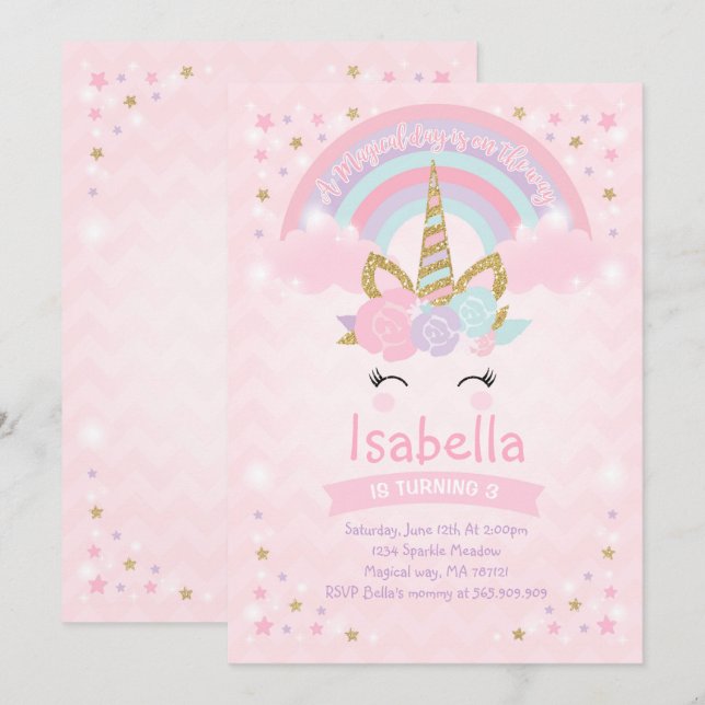 Rainbow Unicorn Birthday Invitation Pink Gold (Front/Back)