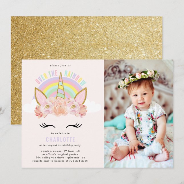 Rainbow Unicorn Birthday Invitation Pink Gold (Front/Back)