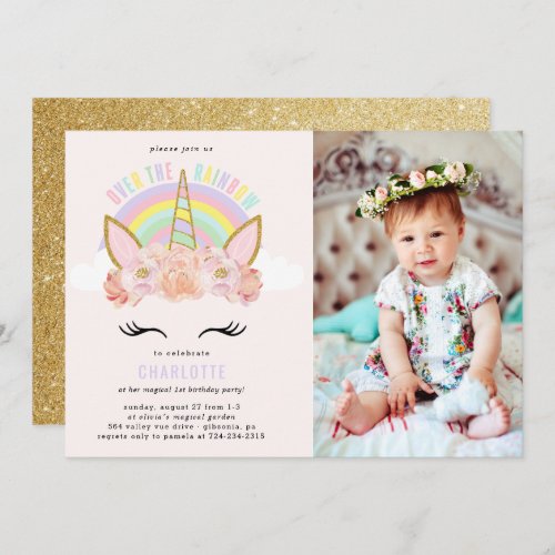 Rainbow Unicorn Birthday Invitation Pink Gold