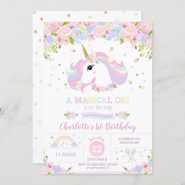 Rainbow Unicorn Birthday Invitation Pretty Floral (Front/Back)