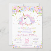 Rainbow Unicorn Birthday Invitation Pretty Floral (Front)
