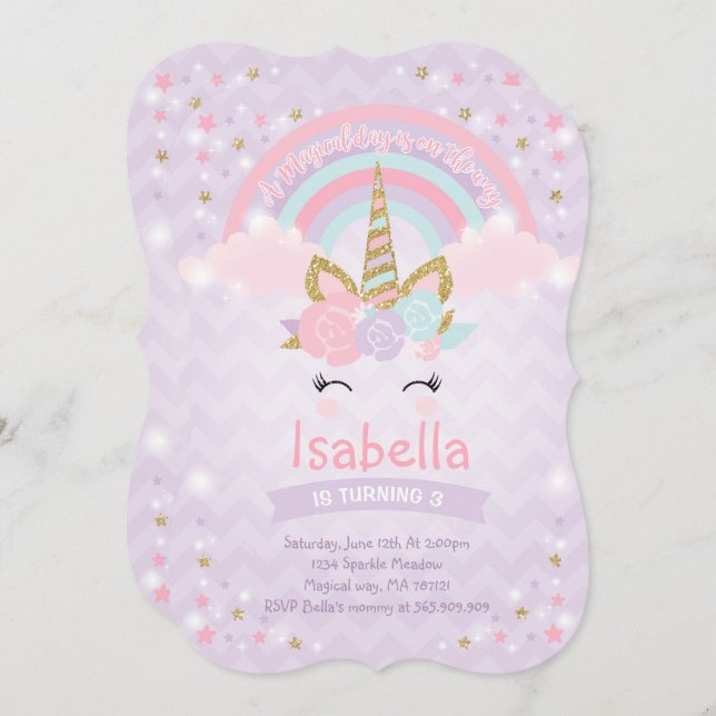 Rainbow Unicorn Birthday Invitation Purple Gold (Front/Back)
