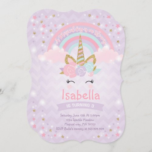 Rainbow Unicorn Birthday Invitation Purple Gold