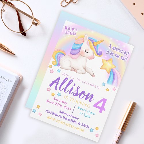 Rainbow unicorn birthday invitation watercolor