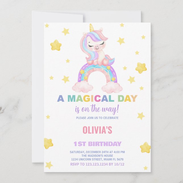 Rainbow Unicorn Birthday Invitations (Front)
