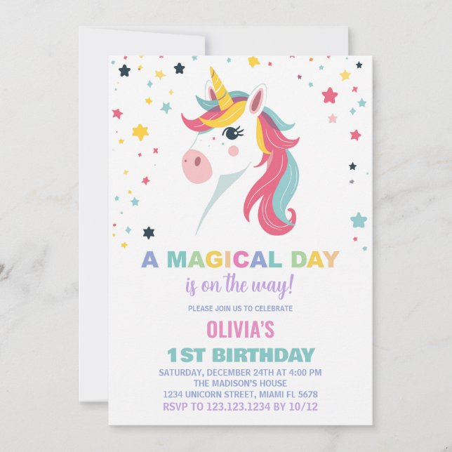 Rainbow Unicorn Birthday Invitations (Front)