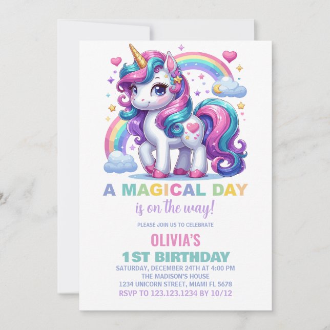 Rainbow Unicorn Birthday Invitations (Front)