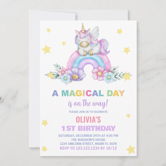 Rainbow Unicorn Birthday Invitations (Front)