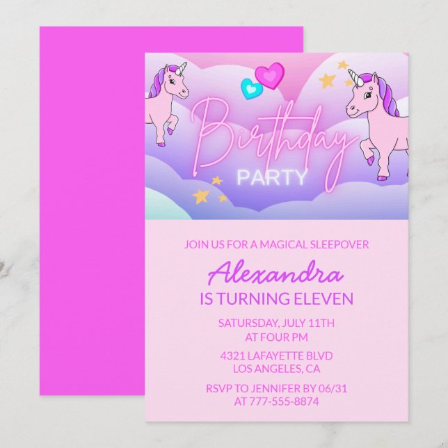 Rainbow Unicorn Birthday Invitations 11th Girl (Front/Back)