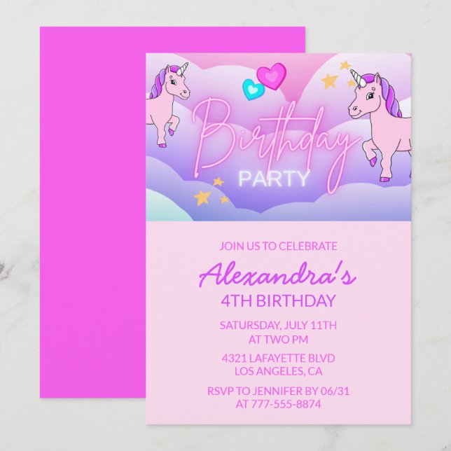 Rainbow Unicorn Birthday Invitations 4th Girl (Front/Back)