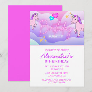 Rainbow Unicorn Birthday Invitations 8th Pink
