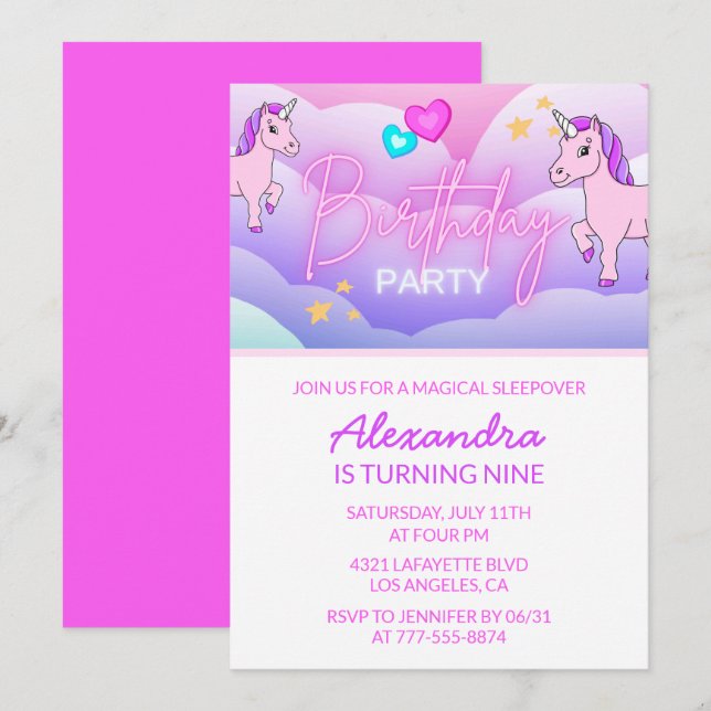 Rainbow Unicorn Birthday Invitations 9th Pink (Front/Back)