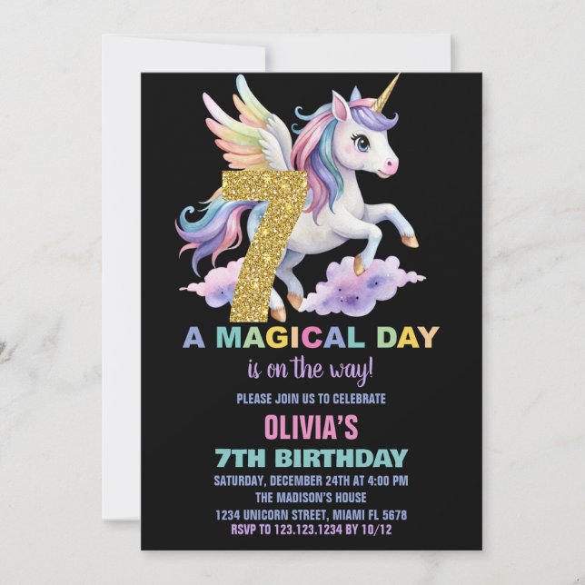 Rainbow Unicorn Birthday Invitations Fly (Front)