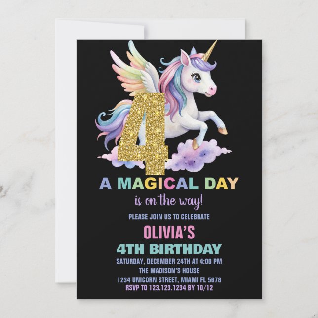 Rainbow Unicorn Birthday Invitations Fly (Front)