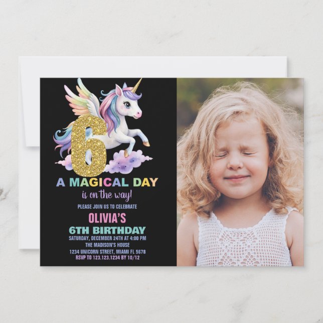 Rainbow Unicorn Birthday Invitations w photo (Front)
