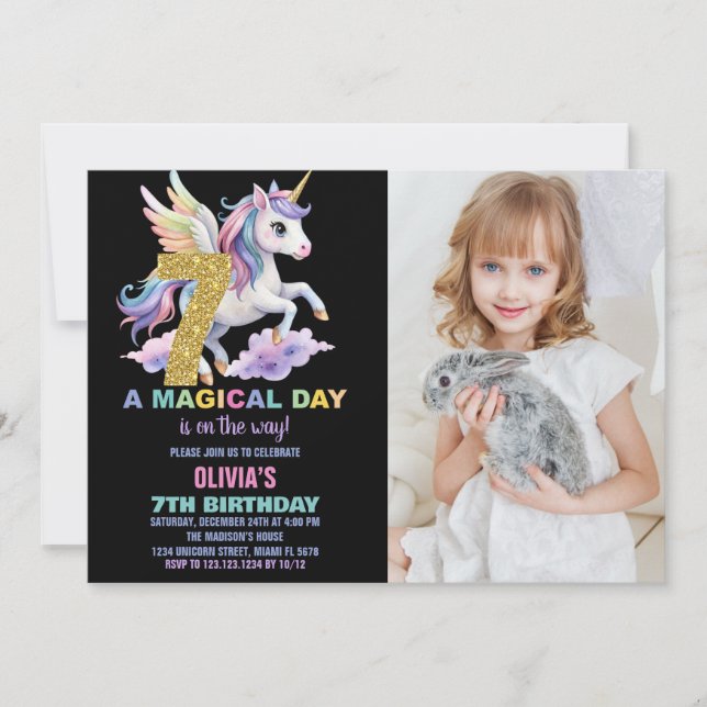 Rainbow Unicorn Birthday Invitations w photo (Front)