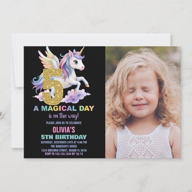 Rainbow Unicorn Birthday Invitations w photo (Front)