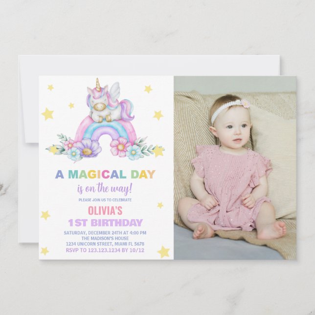 Rainbow Unicorn Birthday Invitations with photo (Front)