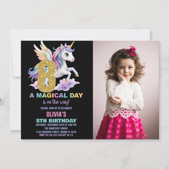 Rainbow Unicorn Birthday Invitations with photo (Front)
