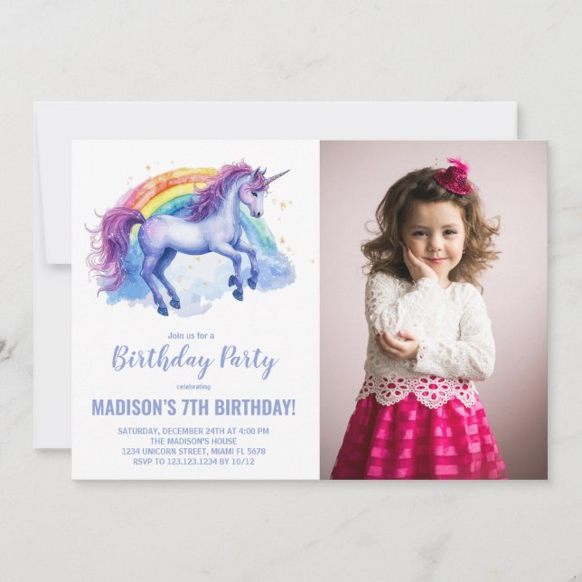 Rainbow Unicorn Birthday Invitations with photo (Front)