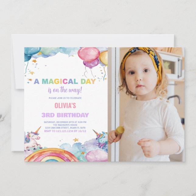Rainbow Unicorn Birthday Invitations with photo (Front)