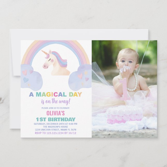 Rainbow Unicorn Birthday Invitations with photo (Front)