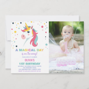 Rainbow Unicorn Birthday Invitations with photo