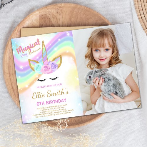 Rainbow Unicorn Birthday Invitations with photo